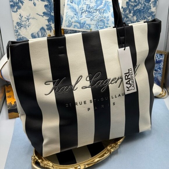 🆕 KARL LAGERFELD PARIS 🧿 NWT Hotel Beach Stripe Tote, Black & White - Picture 3 of 15